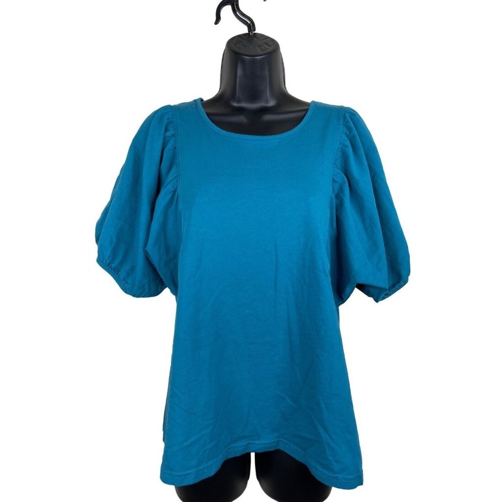 Jack & Avery Top Womens Size Large L Short Sleeve Solid Blue Ties in Back Cotton